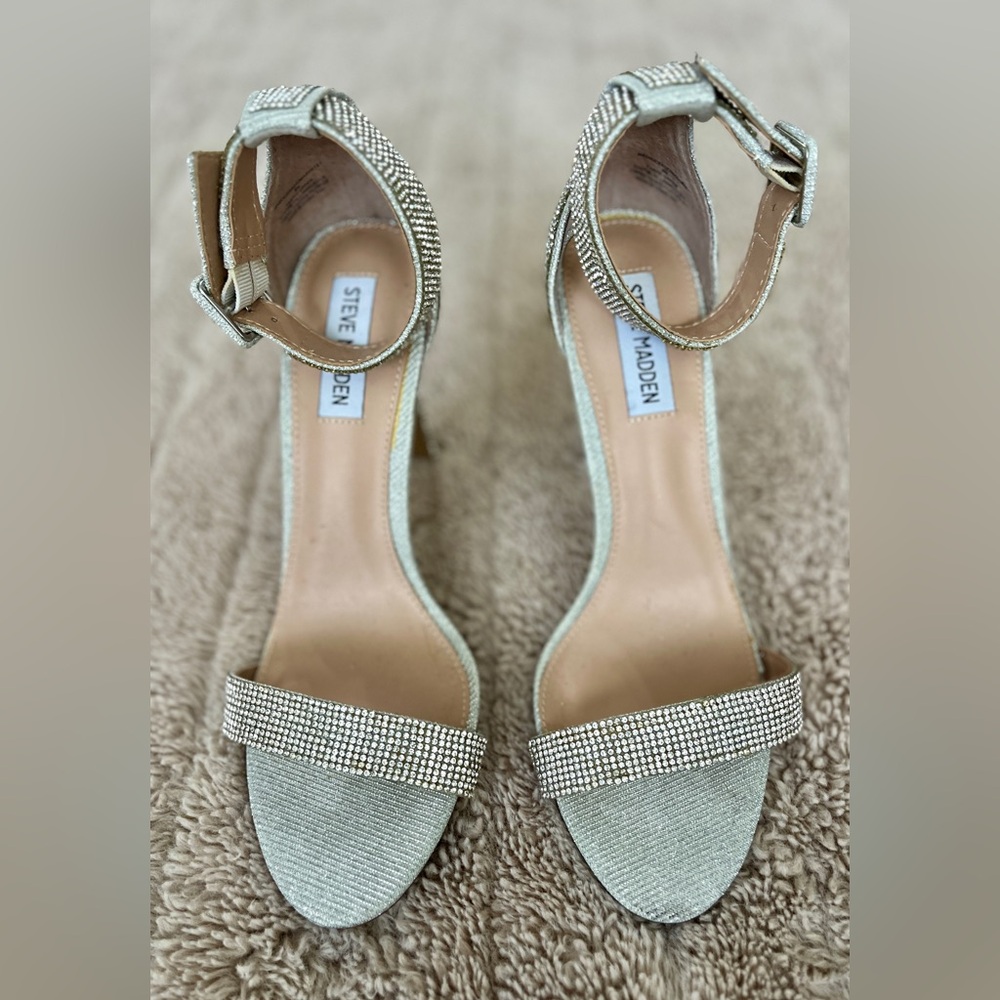 Steve Madden Heeled Sandal Silver Rhinestoned Strappy Ankle Strap Spike Heel 8 - Picture 5 of 16